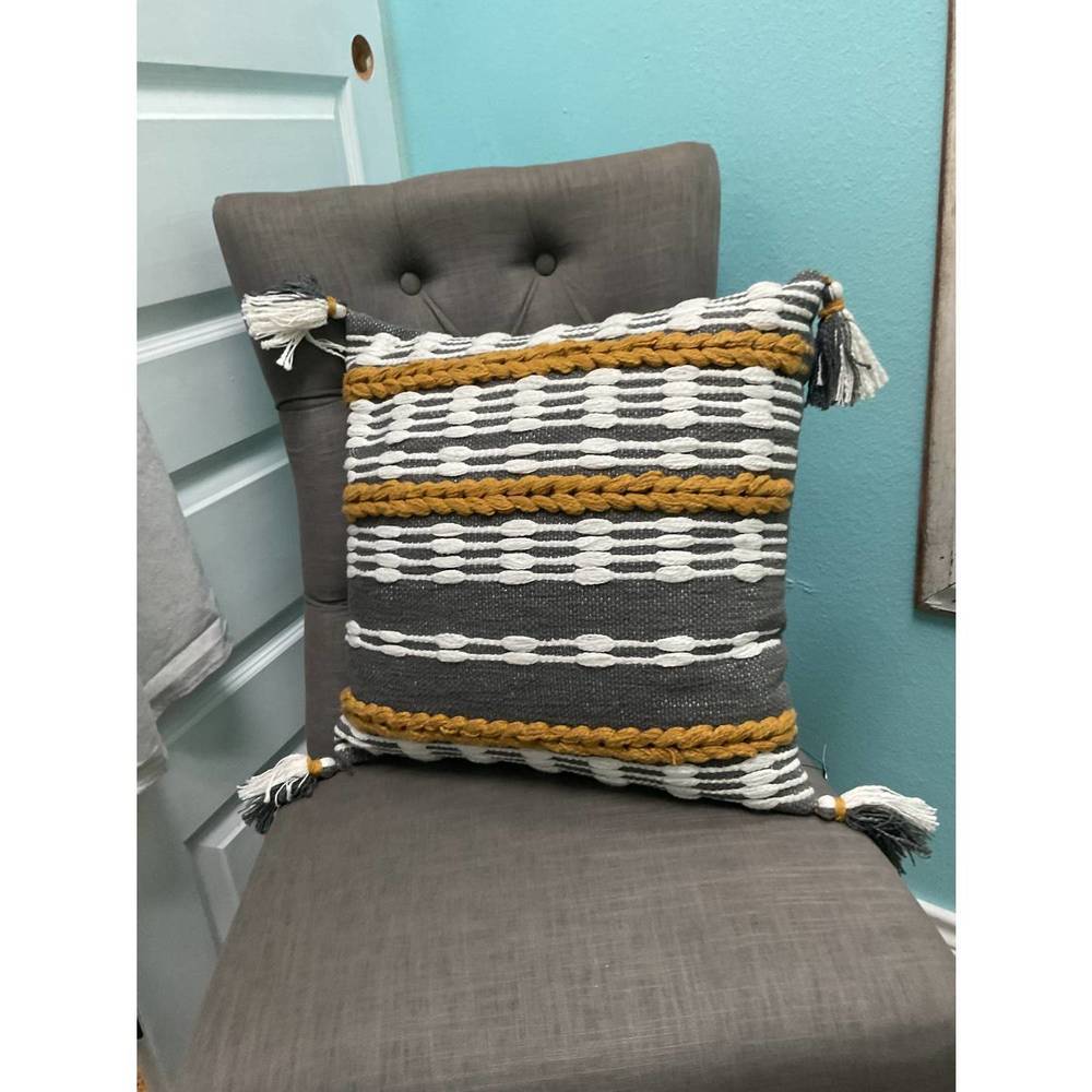 NEW CARAVAN HOME DECOR stripe pattern accent pillow in grey, yellow, & white